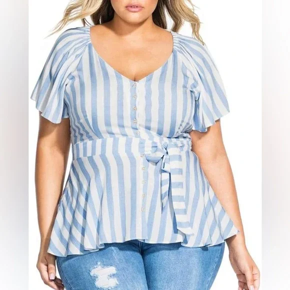 City Chic Light Blue Striped Flowy Blouse - Picture 1 of 3